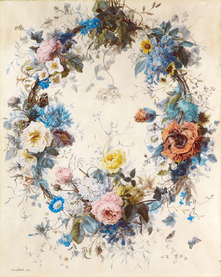 A sumptuous hanging garland of flowers including roses and a peony
